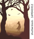 Vector illustration of tree trunks within wood with silhouette girl and meadow on edge of forest in foggy morning.