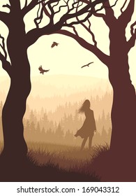 Vector illustration of tree trunks within wood with silhouette girl and meadow on edge of forest in foggy morning.