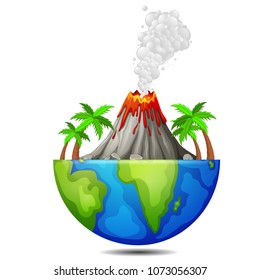 vector illustration of tree and volcano on the earth