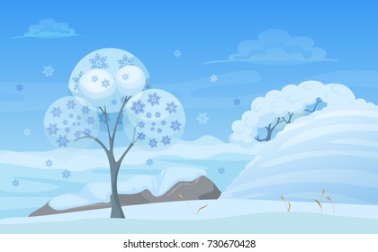 Vector illustration of tree in winter forest with snowflakes. Winter cartoon landscape.