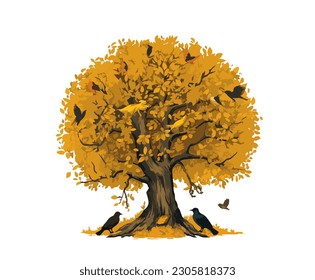 Vector illustration of a tree with yellow foliage and black crows