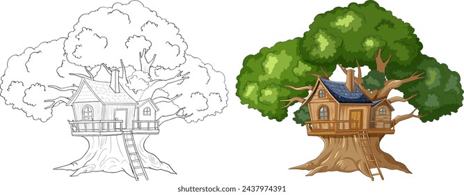 Vector illustration of a treehouse, colored and line art