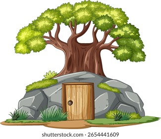 Vector illustration of a treehouse embedded in a rock, featuring vibrant greens and browns with a whimsical style