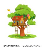 Vector illustration of a treehouse isolated on white background in cartoon style. Kids playground with a house on a tree, a swing, colorful balloons, a ladder, and a kite. Logo or icon design.