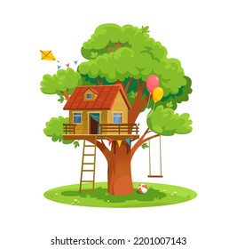 Vector illustration of a treehouse isolated on white background in cartoon style. Kids playground with a house on a tree, a swing, colorful balloons, a ladder, and a kite. Logo or icon design.