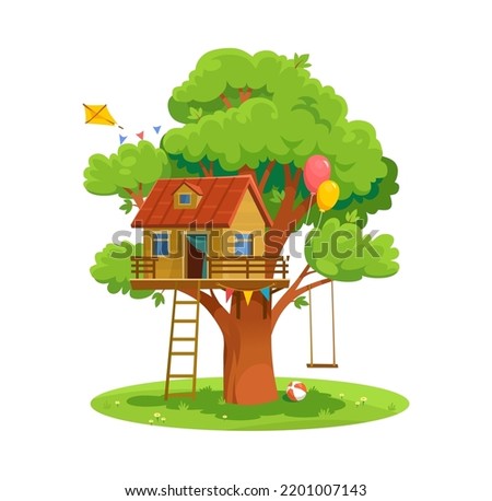 Vector illustration of a treehouse isolated on white background in cartoon style. Kids playground with a house on a tree, a swing, colorful balloons, a ladder, and a kite. Logo or icon design.