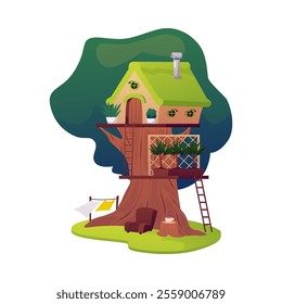 Vector illustration of a treehouse with a staircase, flower beds with plants and an armchair on a white background. Icon for the design of the game interface