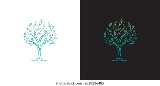 A vector illustration of a tree-of-life logo design featuring roots, presented as an elegant and luxurious line-art emblem.
