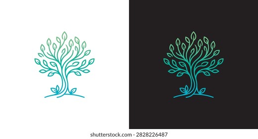A vector illustration of a tree-of-life logo design featuring roots, presented as an elegant and luxurious line-art emblem.