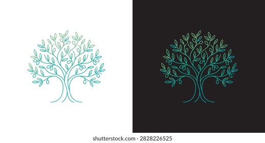 A vector illustration of a tree-of-life logo design featuring roots, presented as an elegant and luxurious line-art emblem.