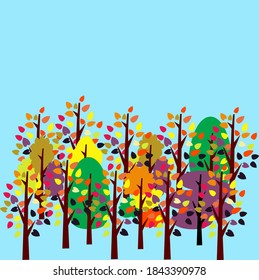 Vector illustration of trees of autumn colours on blue background concept of season changing with space for runaround or wraparound text 