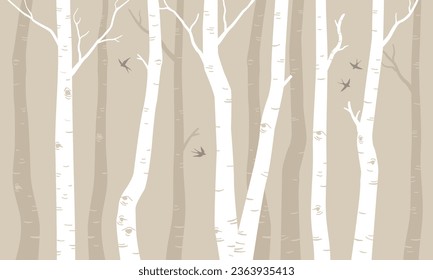 Ilustración vectorial con árboles, bosque de abedules. Ilustración gráfica para vivero, pared, portada de libros, textiles, tarjetas. Diseño interior para la habitación de los niños. 