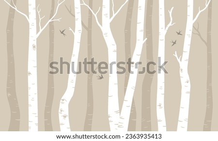Vector illustration with trees, birch forest. Graphic illustration for nursery, wall, book cover, textile, cards. Interior design for kids room. 