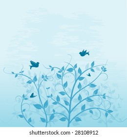 Vector illustration, trees with bird and butterfly