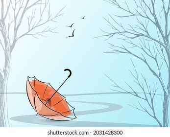 Vector illustration of trees and a bright umbrella on a light background.