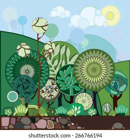 Vector Illustration with Trees, Bushes, Sky and Ground.