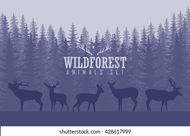 Vector illustration with trees and deer silhouettes
