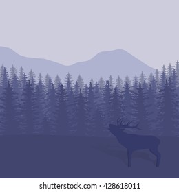 Vector illustration with trees and deer silhouettes.