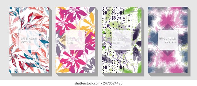 Vector illustration of trees, forest, mountains, flowers, plants, houses, fields, farms and villages.  Set of flat vector illustrations. Print, label, cover or t-shirt print design.