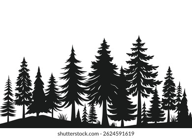 Ilustración vectorial de árboles y silueta forestal. Silueta de la escena de la Naturaleza. Ilustración vectorial paisajística forestal. Concepto al aire libre y de senderismo