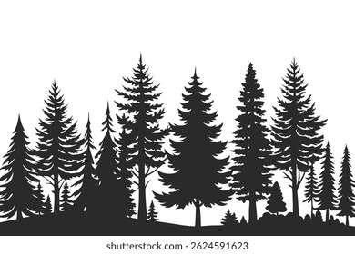 Vector illustration of trees and forest silhouette. Nature scene silhouette. Forest landscape vector illustration. Outdoor and hiking concept