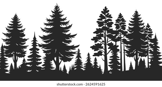 Ilustração vetorial de árvores e silhueta florestal. Silhueta da cena da natureza. Ilustração de vetor de paisagem florestal. Conceito de passeio ao ar livre