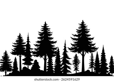 Vector illustration of trees and forest silhouette. Nature scene silhouette. Forest landscape vector illustration. Outdoor and hiking concept