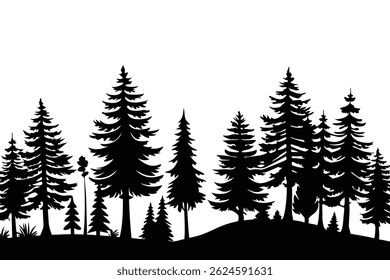 Ilustración vectorial de árboles y silueta forestal. Silueta de la escena de la Naturaleza. Ilustración vectorial paisajística forestal. Concepto al aire libre y de senderismo