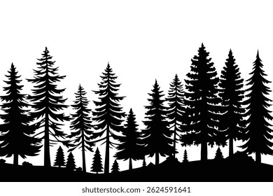 Vector illustration of trees and forest silhouette. Nature scene silhouette. Forest landscape vector illustration. Outdoor and hiking concept