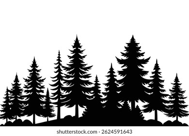 Ilustración vectorial de árboles y silueta forestal. Silueta de la escena de la Naturaleza. Ilustración vectorial paisajística forestal. Concepto al aire libre y de senderismo