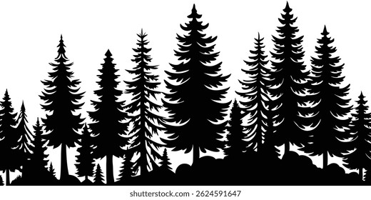 Vector illustration of trees and forest silhouette. Nature scene silhouette. Forest landscape vector illustration. Outdoor and hiking concept
