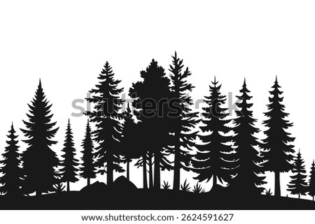 Vector illustration of trees and forest silhouette. Nature scene silhouette. Forest landscape vector illustration. Outdoor and hiking concept