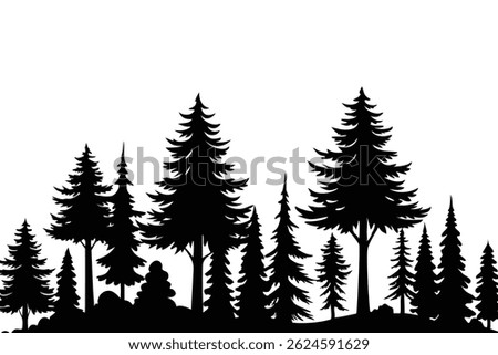 Vector illustration of trees and forest silhouette. Nature scene silhouette. Forest landscape vector illustration. Outdoor and hiking concept