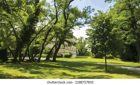 Vector illustration of trees and grass of the castle park on a sunny day. Summer, sun, walks. Nature suitable for walking. Fresh air. Purification of body and soul. Travel, vacation.