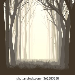 Vector illustration of trees with grass and meadow on edge of forest.