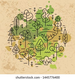 Vector illustration with trees isolated on white background. Ecological concept. Design element for flyer, poster, invitation, Earth day. Flat, line style design. Circle concept.