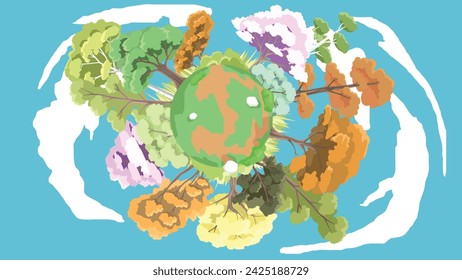 Vector or illustration of a trees many sesson with grass in the shape of a globe. Clouds that curve in circles on blue sky.