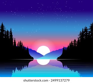 Ilustración vectorial de árboles y vistas a las montañas.