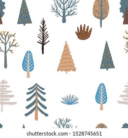 Vector illustration with trees on white background. Seamless New Year pattern. Illustration flat style for greeting cards, packaging, postcard, banners. Happy winter vacation. Merry christmas vacation. 