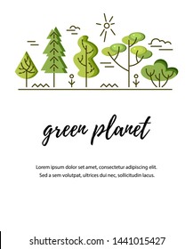 Vector illustration with trees. Place for text. Ecological concept. Template for flyer, poster, invitation, web, announcement. Flat and line style design.