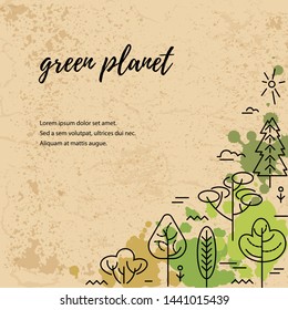 Vector illustration with trees. Place for text. Ecological concept. Template for flyer, poster, invitation, web, announcement. Flat, thin line style design.