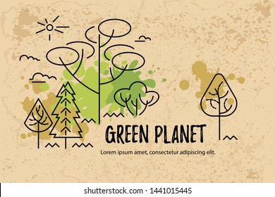 Vector illustration with trees. Place for text. Ecological concept. Template for flyer, poster, invitation, web, announcement, headline. Flat, thin line style design.