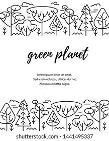 Vector illustration with trees. Place for text. Ecological concept. Template for flyer, poster, invitation, web, announcement. Thin line style design.