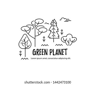 Vector illustration with trees. Place for text. Ecological concept. Template for flyer, poster, invitation, web, announcement, headline. Thin line style design.