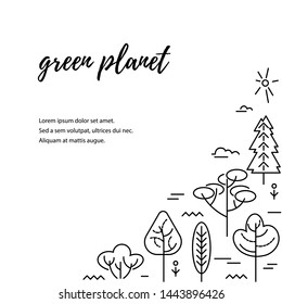 Vector illustration with trees. Place for text. Ecological concept. Template for flyer, poster, invitation, web, announcement. Thin line style design.
