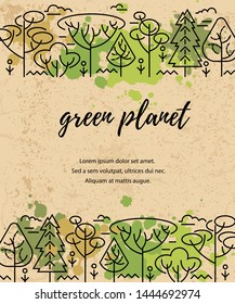 Vector illustration with trees. Place for text. Ecological concept. Template for flyer, poster, invitation, web, announcement. Flat, thin line style design.