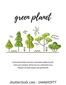 Vector illustration with trees. Place for text. Ecological concept. Template for flyer, poster, invitation, web, announcement. Flat and line style design.