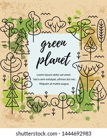 Vector illustration with trees. Place for text. Ecological concept. Template for flyer, poster, invitation, web, announcement. Flat, thin line style design.