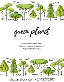 Vector illustration with trees. Place for text. Ecological concept. Template for flyer, poster, invitation, web, announcement. Flat and line style design.