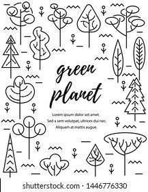 Vector illustration with trees. Place for text. Ecological concept. Template for flyer, poster, invitation, web, announcement. Thin line style design.